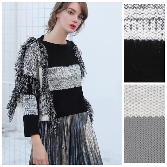 Patchwork Long Fringe Black & Gray Sweater - Picture 3 of 9